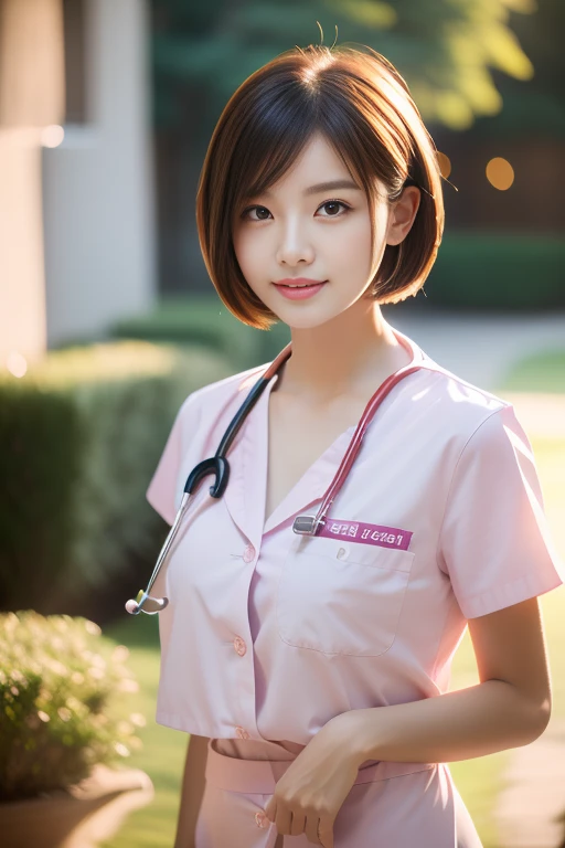 (Ulzzang-6500-v1.1, masterpiece, highest quality:1.3, ultra-detailed 8k:1.2, hyperrealistic:1.35, raw photo:1.2, highest quality, high resolution, wallpaper, realistic, dramatic, realistic painting art by midjourney:1.3, 1 nurse, 28yo, pink nurse uniform, short white tight skirt:1.3, walking in a hospital, super beautiful, beautiful skin, detailed face, symmatrical face, double eyelid, beautiful and detailed eyes, friendly kind smile, beautiful glossy lips, snaggle-tooth, very short bob hair, chest strengthening, ample bosom, emphasize body line, perfect style, cowboy_shot, bokeh background, morning dawn, natural soft light)