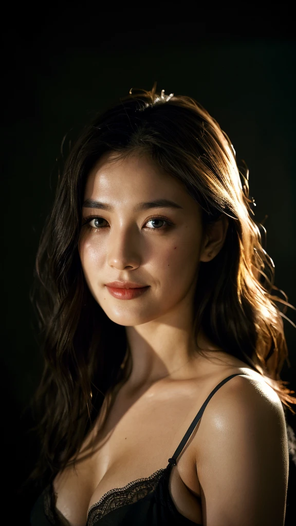 highest quality, epic realistic, ((in the pitch black darkness :1.4)), ((portrait:1.5)),(background: dark ) high contrast ,glorious picture, lowest lux, lighting face, she's comfortable, wearing lingerie, looks incredible, (8k, Raw photo, Highest quality),(epic realistic:1.5), a woman, face,(detailed eyes:0.8),(looking at the camera:1.4), (Highest quality), ( high contrast, deep shadows),Intricate details,cinematic,((skin:1.4)), (long dark hair:1.3), long hair, messy ,(Hdr:1.5),Detailed, colors, Superior quality, Masterpiece, Raw Photo (20-year-old, looking at viewer), beautiful, (wearing underwear,), perfect, natural, perfect composition, portrait, perfect face, smiling expression, Captivating eyes, Bright details, Tight lips, (High Skin Detail),, (blue tint: 0.6), (sale: 0.8), (bloody: 0.7), Key lighting , (backlight: 0.5), Medium depth of field, Canon 5d, 50mm lens, f/4 apertures, (Ultra-detailed, Complex detail), sharp focus, soft colors, 8k, Absurd, 80mm, dark background, photography, smiling, medium ,