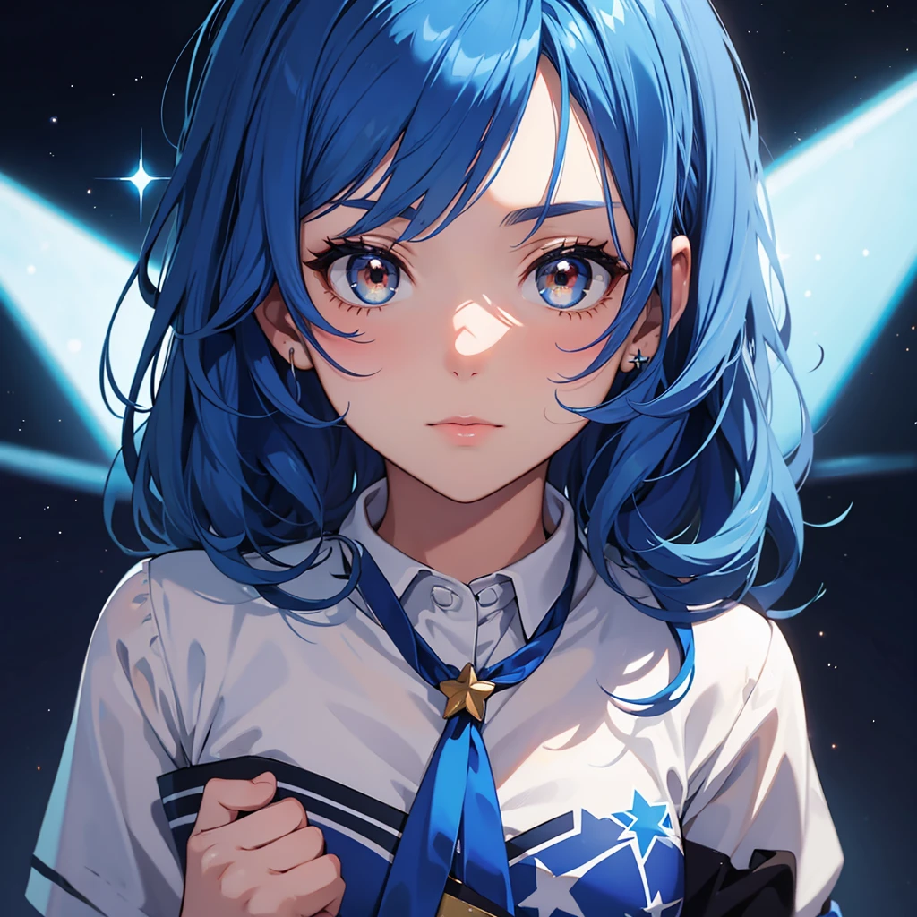 A girl with blue hair and brown eyes with a star as a pupil