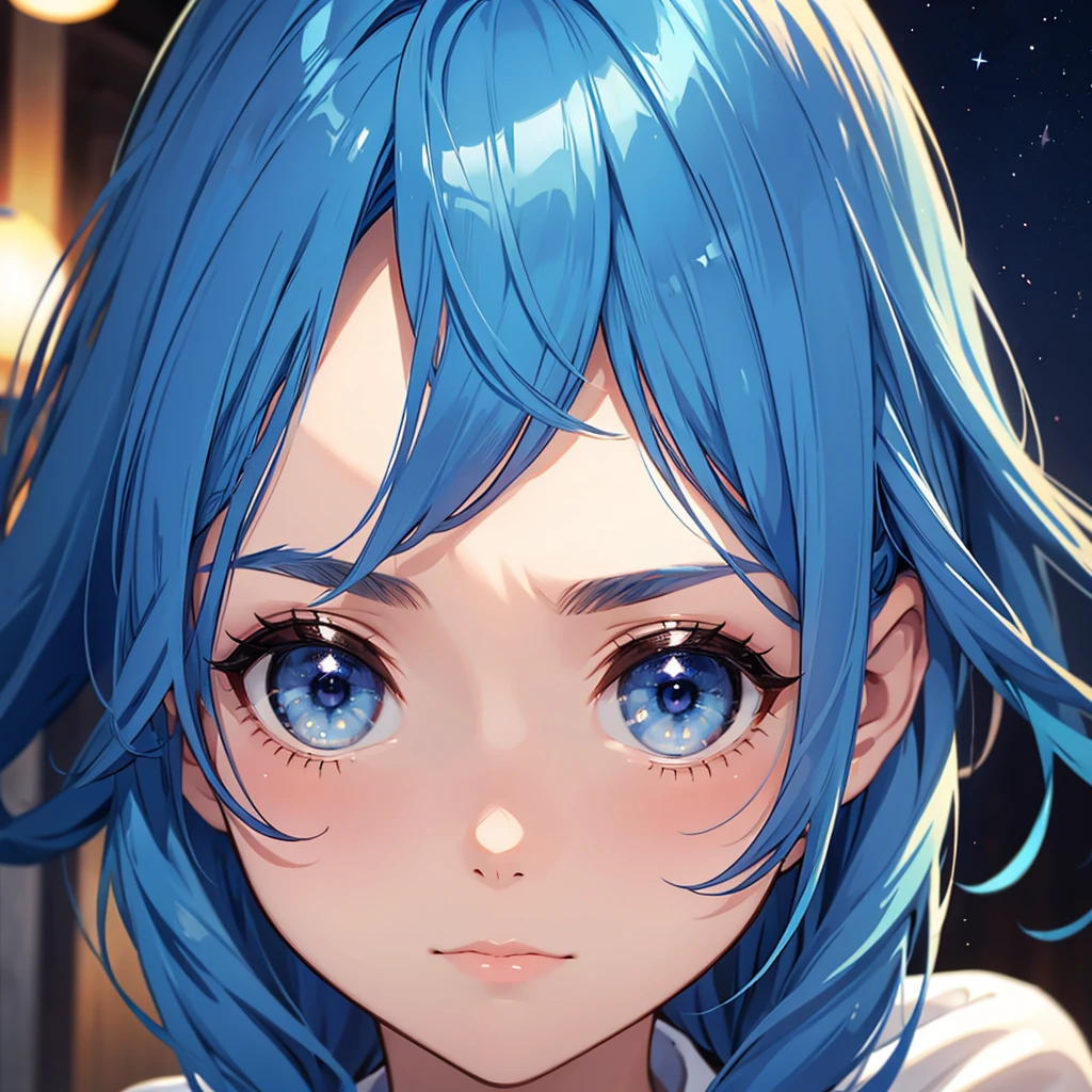 A girl with blue hair and brown eyes with a star as a pupil