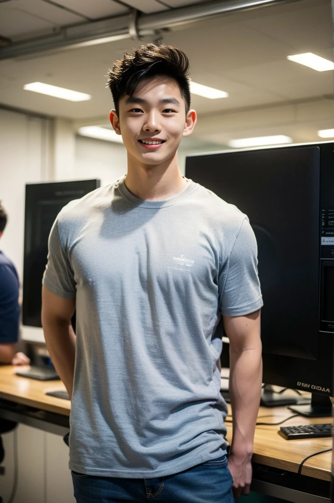 ((realistic daylight)) , Young Korean man in only a black sports shirt, no stripes, and jeans., A handsome, muscular young Asian man looks at the camera.  , In a computer shop ,turn sideways, smile