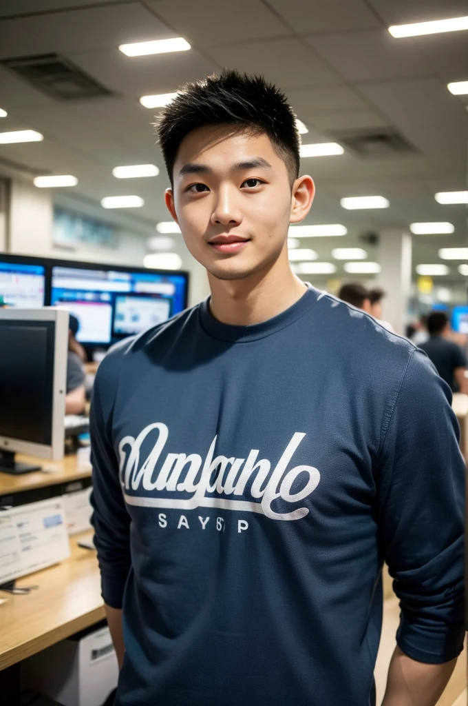 ((realistic daylight)) , Young Korean man in only a black sports shirt, no stripes, and jeans., A handsome, muscular young Asian man looks at the camera.  , In a computer shop ,turn sideways, smile