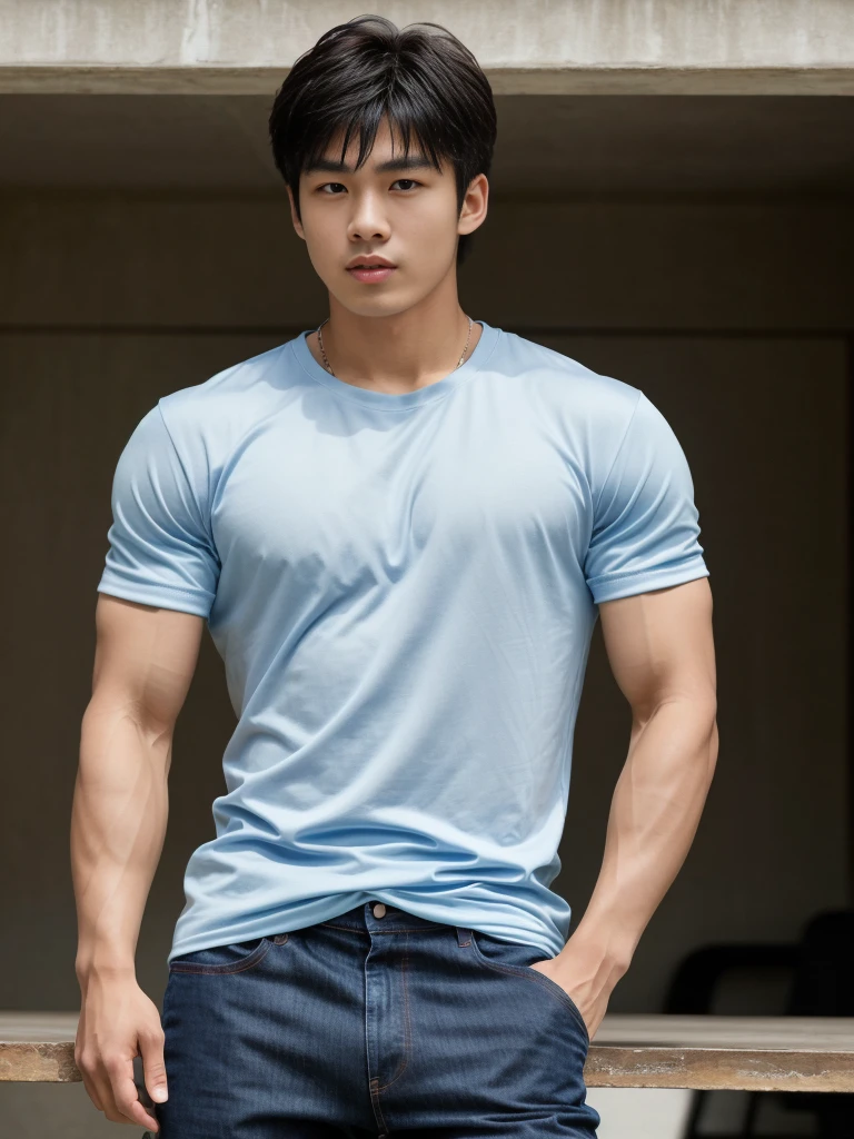 独奏: 1.5, (As a matter of fact, Masterpiece, 8k HD, good light quality, sportswear, fit the face, complicated details), A handsome, muscular young Korean man sits at a table, with muscular arms. , 20 years old, be happy, detailed face, delicate eyes, look at the sky, Wear a tight blue t-shirt.:1.6 , jeans period, black eyes, Black hair color, ผมsmooth, smooth，Surreal，Superb details，Highest quality，real，Open your mouth to talk. , Close your eyes., (standing in the football field:1.1)