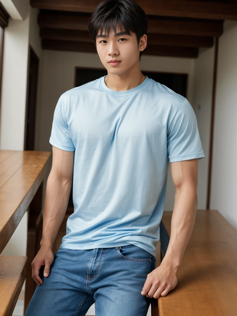 独奏: 1.5, (As a matter of fact, Masterpiece, 8k HD, good light quality, sportswear, fit the face, complicated details), A handsome, muscular young Korean man sits at a table, with muscular arms. , 20 years old, be happy, detailed face, delicate eyes, look at the sky, Wear a tight blue t-shirt.:1.6 , jeans period, black eyes, Black hair color, ผมsmooth, smooth，Surreal，Superb details，Highest quality，real，Open your mouth to talk. , Close your eyes., (standing in the football field:1.1)