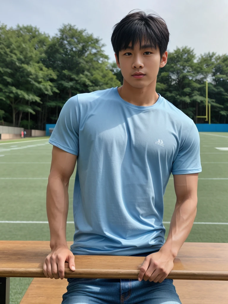 独奏: 1.5, (As a matter of fact, Masterpiece, 8k HD, good light quality, sportswear, fit the face, complicated details), A handsome, muscular young Korean man sits at a table, with muscular arms. , 20 years old, be happy, detailed face, delicate eyes, look at the sky, Wear a tight blue t-shirt.:1.6 , jeans period, black eyes, Black hair color, ผมsmooth, smooth，Surreal，Superb details，Highest quality，real，Open your mouth to talk. , Close your eyes., (standing in the football field:1.1)