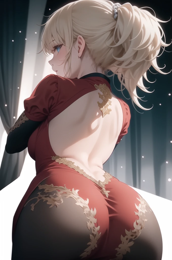 a young woman with long, golden hair styled in a high ponytail, beautiful detailed eyes, long eyelashes, and a striking red gown with an open back, puff sleeves, and a dramatic Juliet collar, standing alone against a simple dark background, bathed in soft, volumetric lighting that creates a glowing, ethereal effect, extremely detailed, intricate details