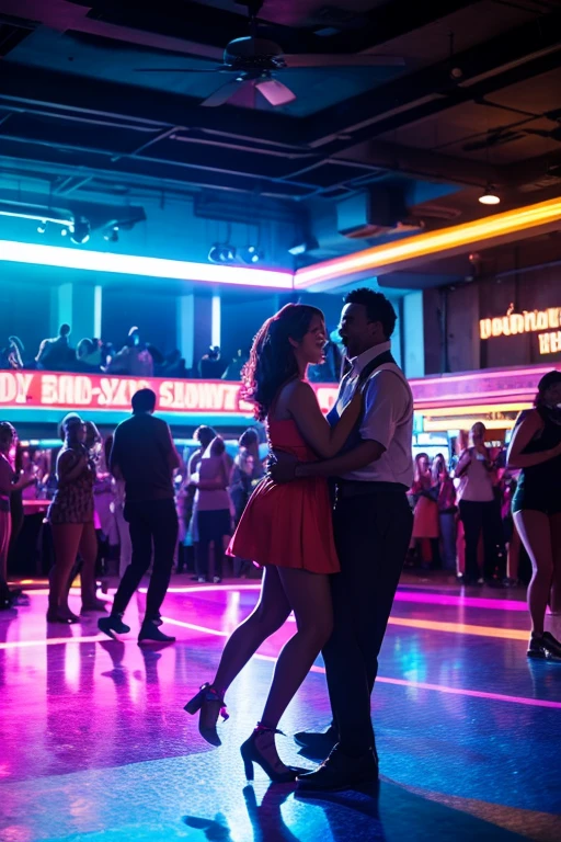 A vibrant dance floor filled with people grooving to funky music, neon lights, 9:16 vertical.