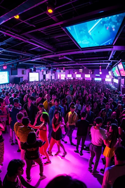 A vibrant dance floor filled with people grooving to funky music, neon lights, 9:16 vertical.