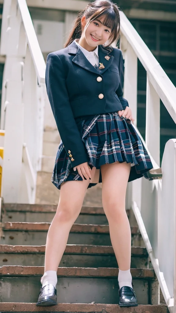 Top quality, high image, 1 woman, 18 years old, school stairs, navy jacket, Medium breasts,white blouse,(plaid miniskirt), cotton panties,upskirt,from below1.3、Smiling beautiful girl、************、Crouched down, looking at me、Checkered pleated skirt、Sit with your buttocks down、loafers、Knee-high socks、Ponytail sitting on stairs