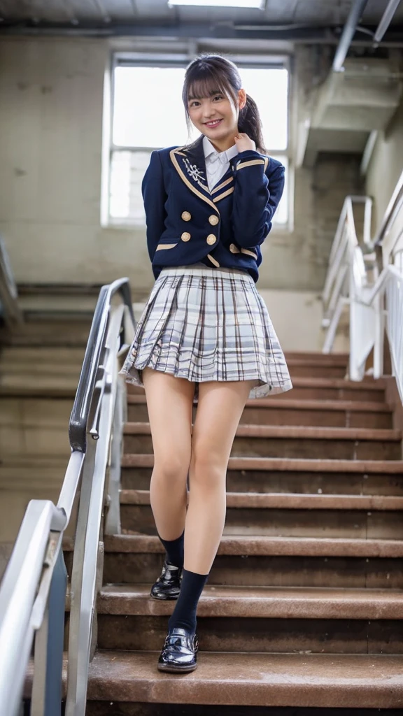 Top quality, high image, 1 woman, 18 years old, school stairs, navy jacket, Medium breasts,white blouse,(plaid miniskirt), cotton panties,upskirt,from below1.3、Smiling beautiful girl、、Crouched down, looking at me、Checkered pleated skirt、Sit with your buttocks down、loafers、Knee-high socks、Ponytail sitting on stairs