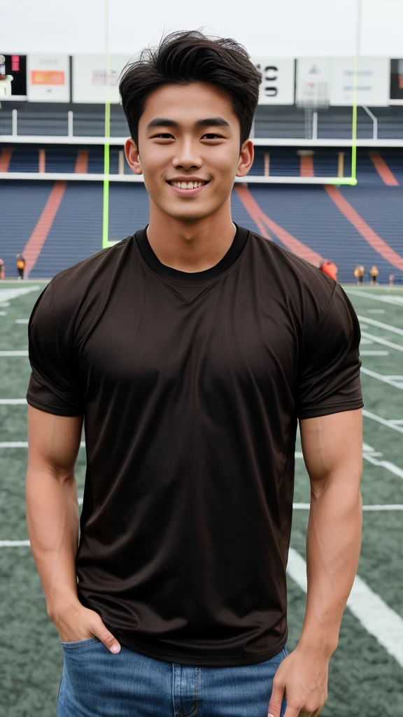single: 1.5, (ที่TRUEแล้ว, Masterpiece, 8k HD, good light quality, sportswear, to fit the face, complicated details), A handsome Korean man with muscular arms.. , 20 years old, be happy, smile brightly, detailed face, delicate eyes, look at the sky, Wear a tight brown t-shirt.:1.6 ,Wear a denim coat.., Jeans era, black eyes, Black hair color, ผมsmooth, smooth,SurTRUE,Excellent details,Highest quality,TRUE,Open your mouth to talk.. , Close your eyes.., (standing in the football field:1.5)