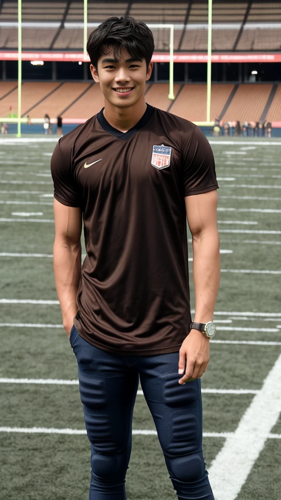single: 1.5, (ที่TRUEแล้ว, Masterpiece, 8k HD, good light quality, sportswear, to fit the face, complicated details), A handsome Korean man with muscular arms.. , 20 years old, be happy, smile brightly, detailed face, delicate eyes, look at the sky, Wear a tight brown t-shirt.:1.6 ,Wear a denim coat.., Jeans era, black eyes, Black hair color, ผมsmooth, smooth,SurTRUE,Excellent details,Highest quality,TRUE,Open your mouth to talk.. , Close your eyes.., (standing in the football field:1.5)