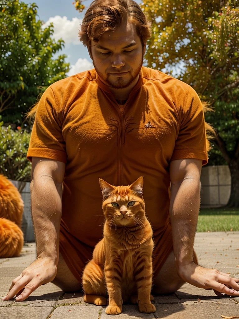 there is a cat sitting on the ground in front of a tree, an orange cat, awesome cat, ginger cat, orange cat, orange fluffy belly, garfield the cat, anthropomorphic large maine coon, the cat is orange, persian cat, maine coon, doing a majestic pose, fluffy cat, a handsome, chonker cat, fluffy orange skin