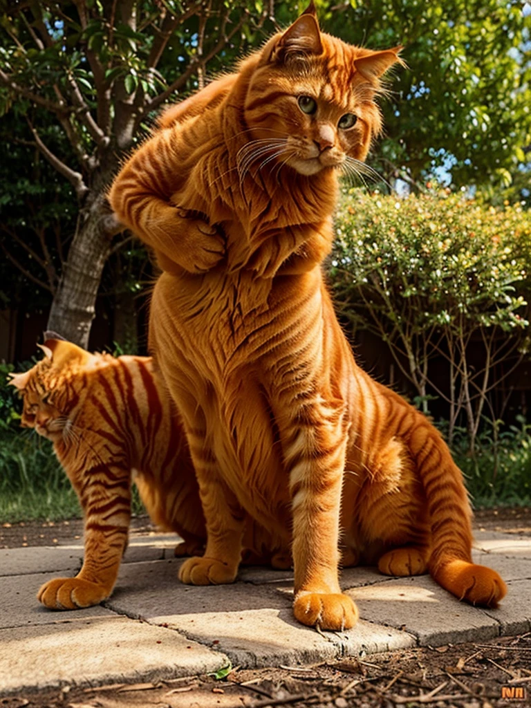 there is a cat sitting on the ground in front of a tree, an orange cat, awesome cat, ginger cat, orange cat, orange fluffy belly, garfield the cat, anthropomorphic large maine coon, the cat is orange, persian cat, maine coon, doing a majestic pose, fluffy cat, a handsome, chonker cat, fluffy orange skin