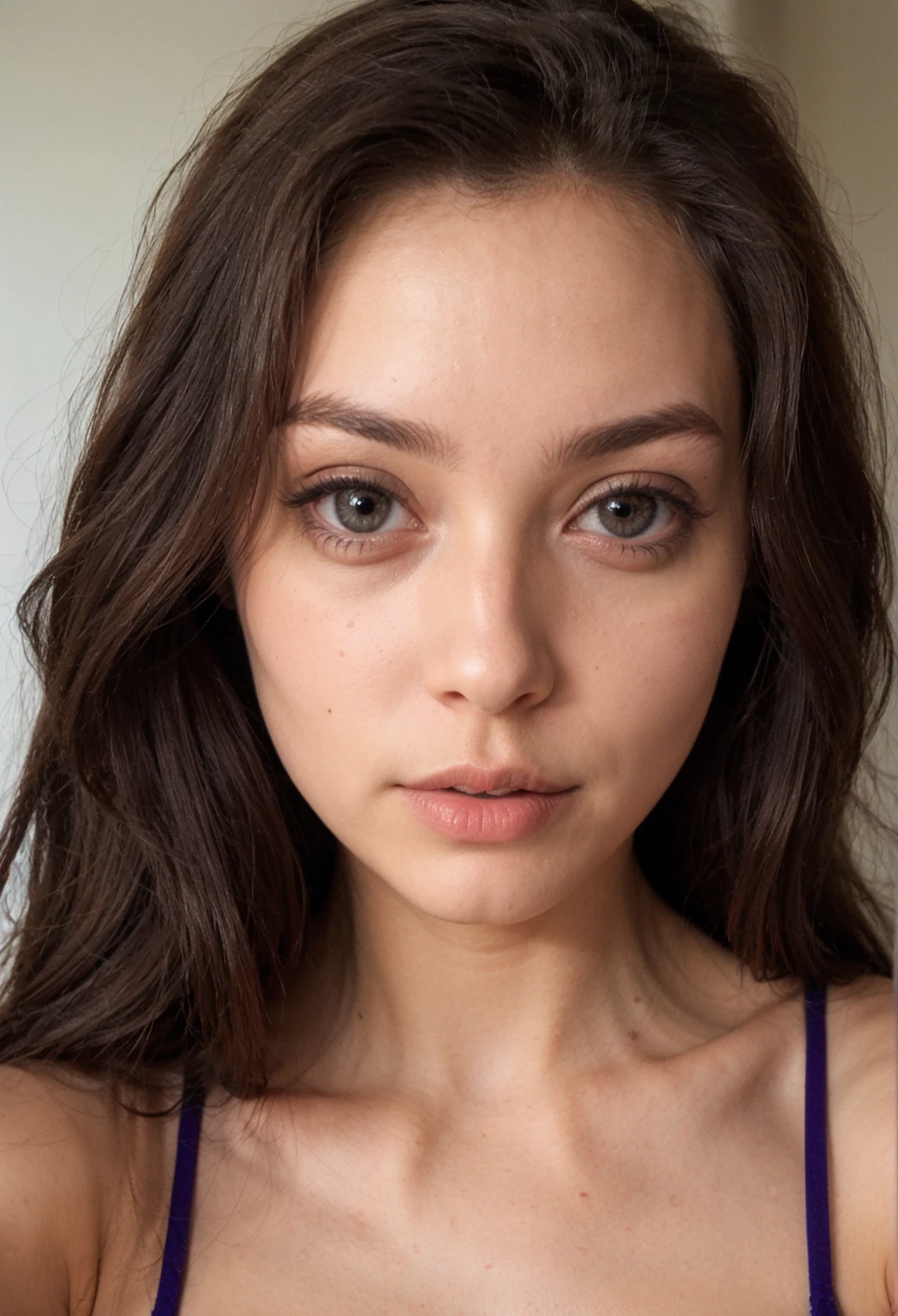 ((best quality)), ((head of'artwork)), (detailed), visage parfait fille cheveux foncés deux tresses prend un selfieYeux Violets,
