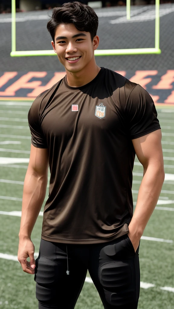 single: 1.5, (ที่TRUEแล้ว, Masterpiece, 8k HD, good light quality, sportswear, to fit the face, complicated details), A handsome Korean man with muscular arms.. , 20 years old, be happy, smile brightly, detailed face, delicate eyes, look at the sky, Wear a tight brown t-shirt.:1.6 ,Wear a denim coat.., Jeans era, black eyes, Black hair color, ผมsmooth, smooth,SurTRUE,Excellent details,Highest quality,TRUE,Open your mouth to talk.. , Close your eyes.., (standing in the football field:1.5)