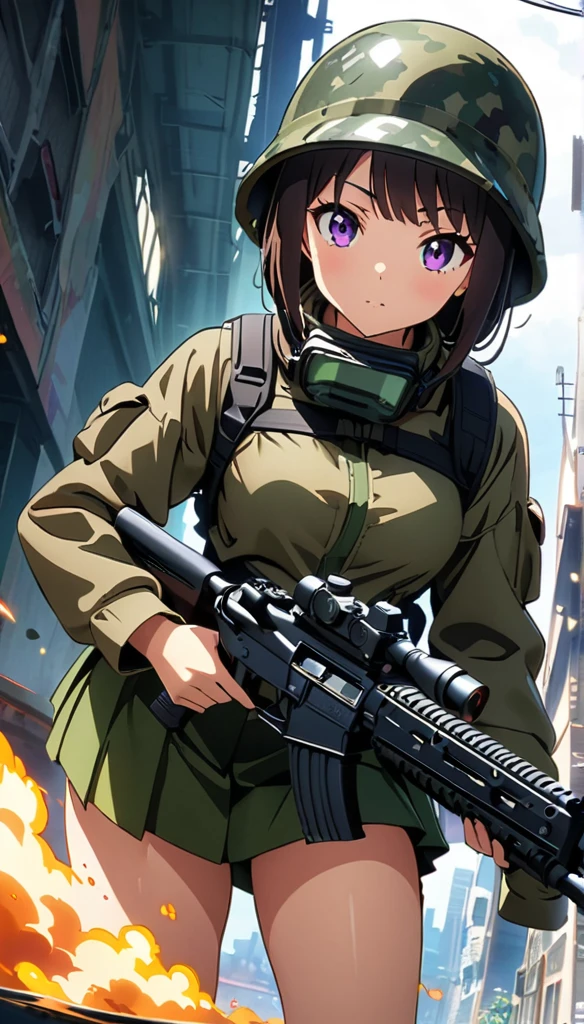 (anime artwork, anime style, studio anime, very detailed, up to date, vibrant, Anime Coloring, high contrast, masterpiece:1.2, best quality, best aesthetics),camouflage clothing,camouflage  helmet, pleated skirt, Medium chest, A glimpse of thighs,random hair, One eye is hidden by the bangs, perfect proportions, high detail skin, Cute, detailed faces, random sexy pose, precise fingers,panty shot Girl shooting automatic rifle, (muzzle explodes:1.2), (looks into sight), finely drawn automatic rifle, bulletproof suit, (turn towards the viewer), syncs body orientation and gaze, dynamic angle, battle, war,Hide in Obstruction