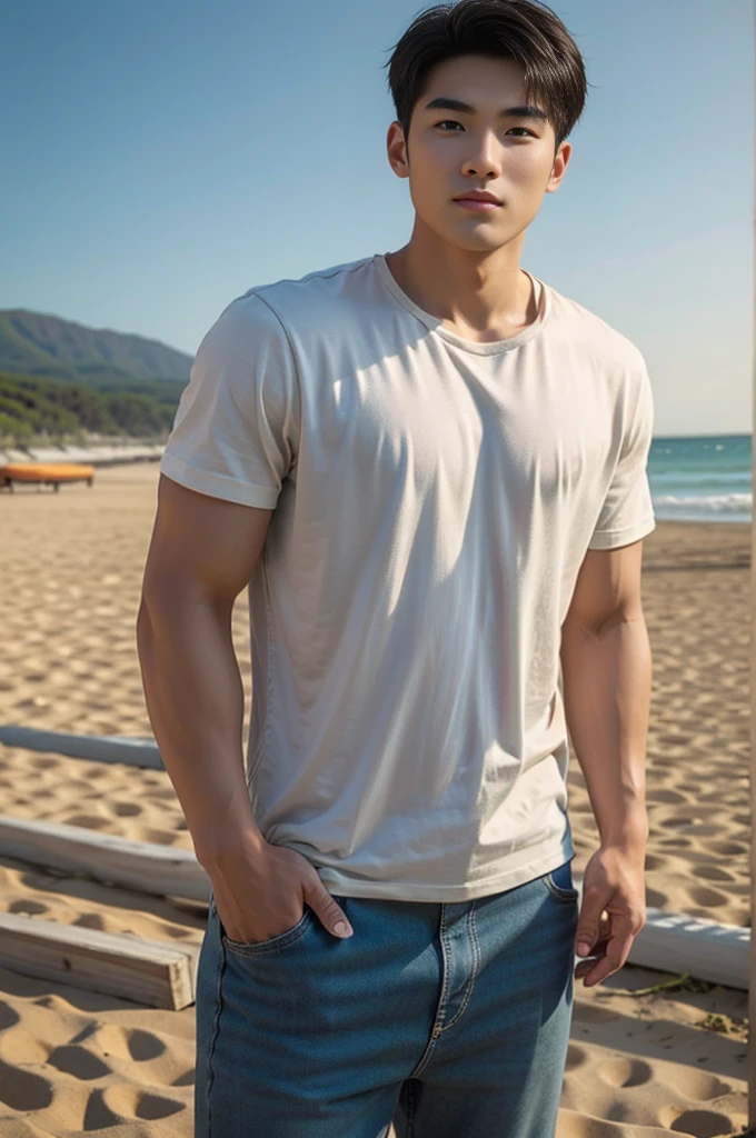 A handsome, muscular young Asian man looks at the camera. In a simple gray polo shirt , By the restaurant, mouth open and smiling