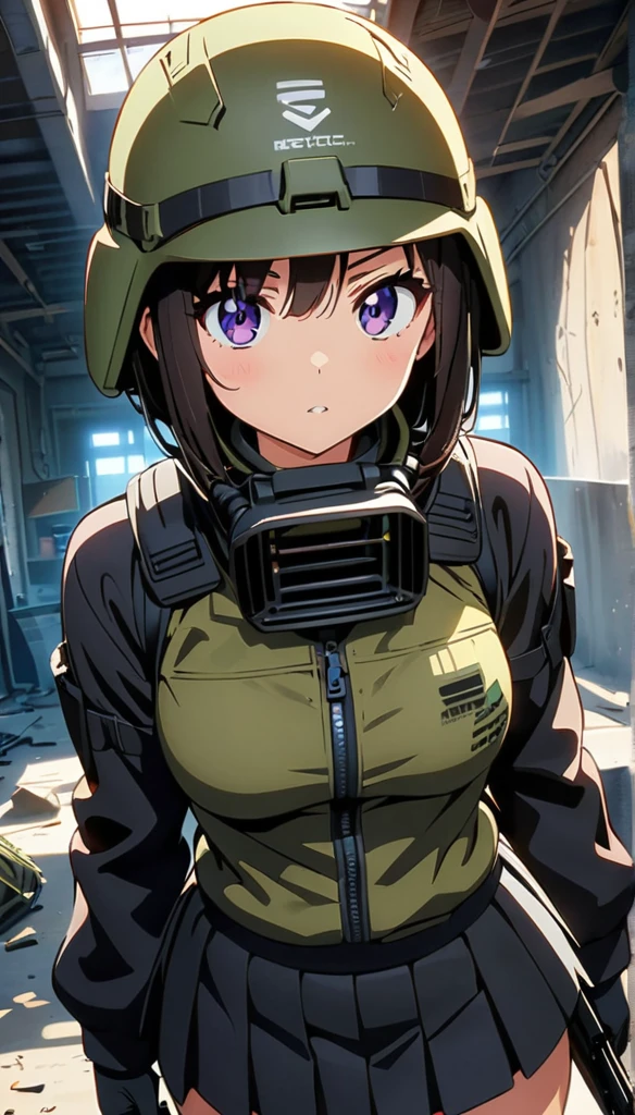 (anime artwork, anime style, studio anime, very detailed, up to date, vibrant, Anime Coloring, high contrast, masterpiece:1.2, best quality, best aesthetics),camouflage clothing,camouflage  helmet, pleated skirt, Medium chest, A glimpse of thighs,random hair, One eye is hidden by the bangs, perfect proportions, high detail skin, Cute, detailed faces, random sexy pose, precise fingers,panty shot Girl shooting automatic rifle, (muzzle explodes:1.2), (looks into sight), finely drawn automatic rifle, bulletproof suit, (turn towards the viewer), syncs body orientation and gaze, dynamic angle, battle, war,Hide in Obstruction