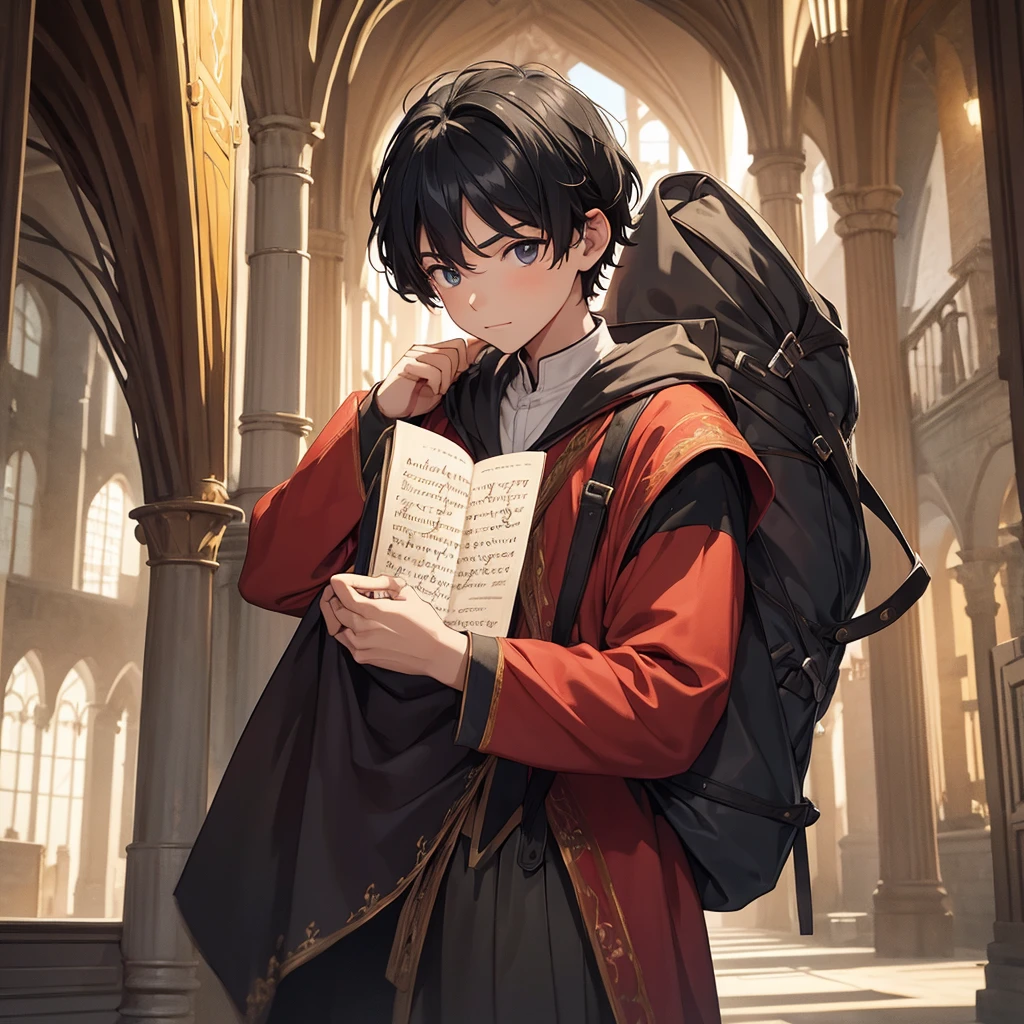 1 young boy, medieval cloth, traveler, full body, black hair