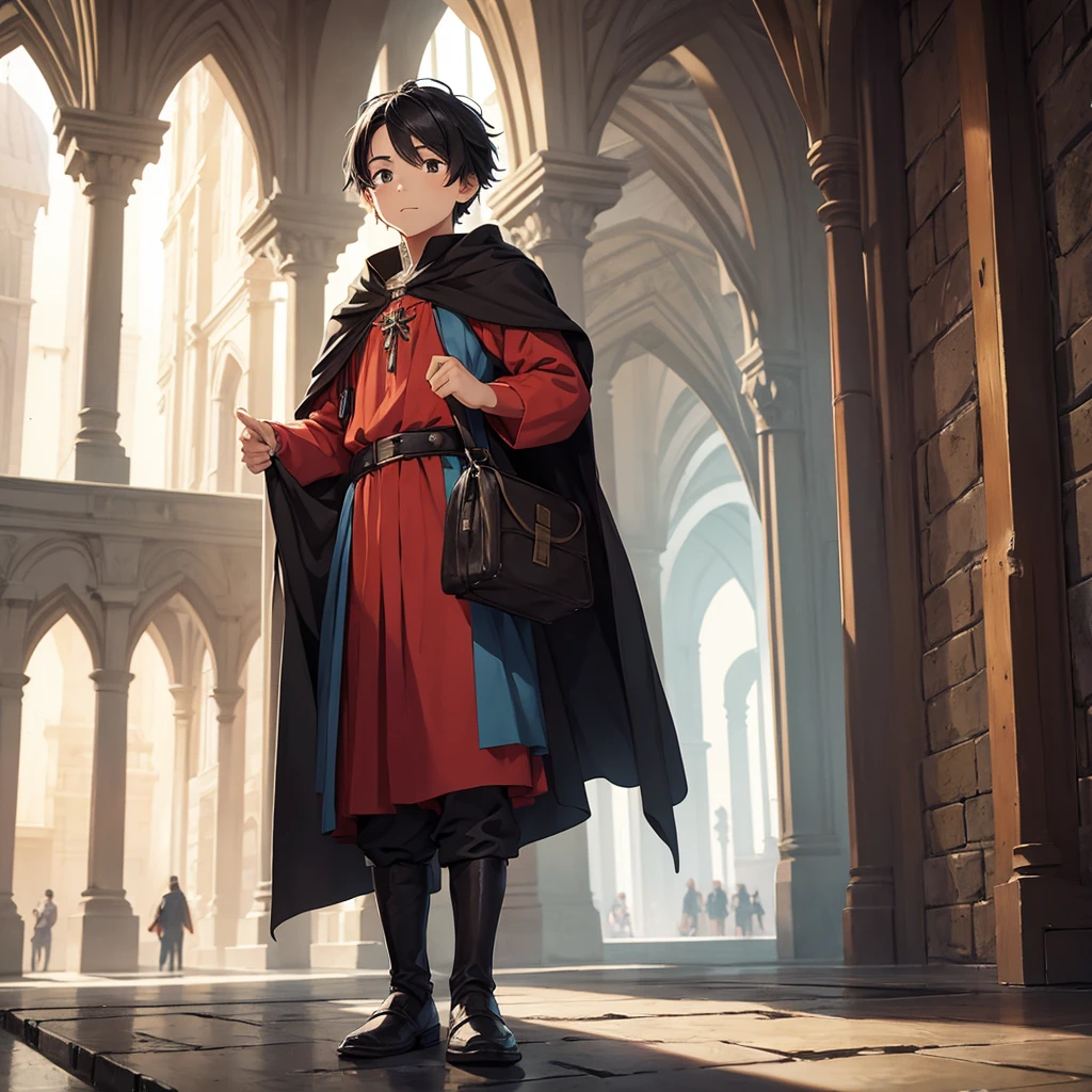 ung boy, medieval cloth, traveler, full body, black hair