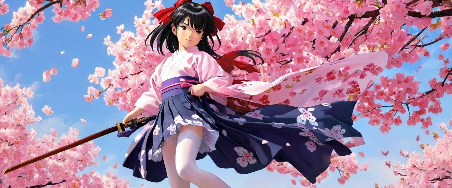 10 year old girl underwear, Sakura Shinguji、Realistic bloomers made from patterned cotton fabric, Japanese clothing and hakama, Fabric Realism, Low - Angle, I see bloomers, Pull up the dress by hand, Strong winds, Translucent slip, Translucent slip, tights, Highest quality, whole body、Black Hair、Holding a sword、Big ribbon in hair