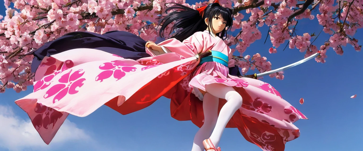 10 year old girl underwear, Sakura Shinguji、Realistic bloomers made from patterned cotton fabric, Japanese clothing and hakama, Fabric Realism, Low - Angle, I see bloomers, Pull up the dress by hand, Strong winds, Translucent slip, Translucent slip, tights, Highest quality,  whole body、Black Hair、Holding a sword、Big ribbon in hair