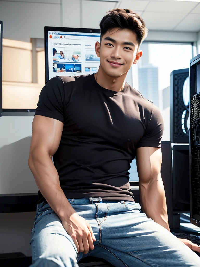 manhandsome สมจริง ธรรมชาติ เหมือนจริง , T-shirt, jeans, black short hair , outdoor , cute smile , หน้าhandsomeแบบเกาหลีสมจริง , muscle , Masterpiece、High resolution、Surreal、detailed face、alone、man、Glowing skin、(Asia)、handsome、(Sitting in the computer room:1.5)