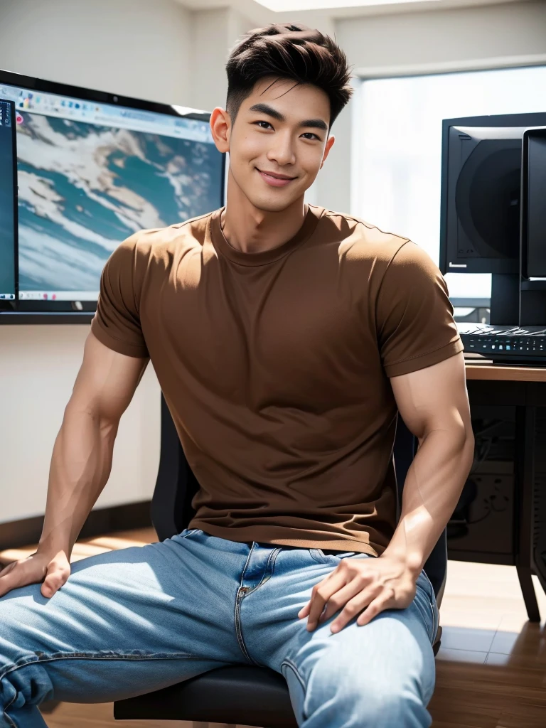 man , Brown t-shirt, jeans, black short hair , outdoor , cute smile , หน้าhandsomeแบบเกาหลีสมจริง , modest muscles , Masterpiece、High resolution、Surreal、detailed face、alone、man、Glowing skin、(Asia)、handsome、(Sitting in the computer room:1.5)