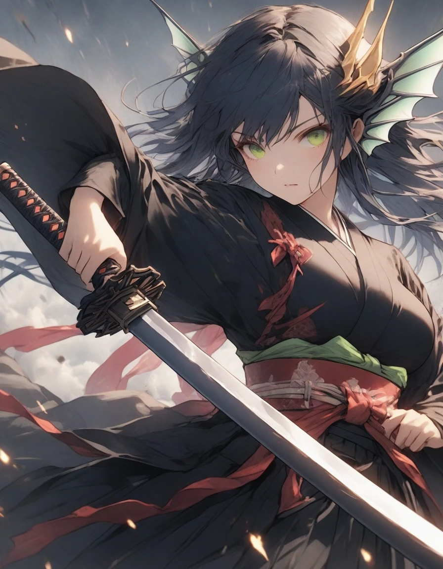 ,snap shot,red katana,fighting stance,(holding huge katana:1.3),,no pattern kimono,(black kimono:1.5),samurai,,,{{{Huge breasts}}},,,,,,long skirt, brooches,Blue brooch,,(dark Blue hair:1.25),gradient_hair,( Green eyes:1.25),hair_ornament detached ,,Very Long Ponytail, poneyTail,, (head fins:1.25),、stormy、lightning bolt,iaidow,weapon, katana, holding sword, ready to draw, sheathed, unsheathing, scabbard,