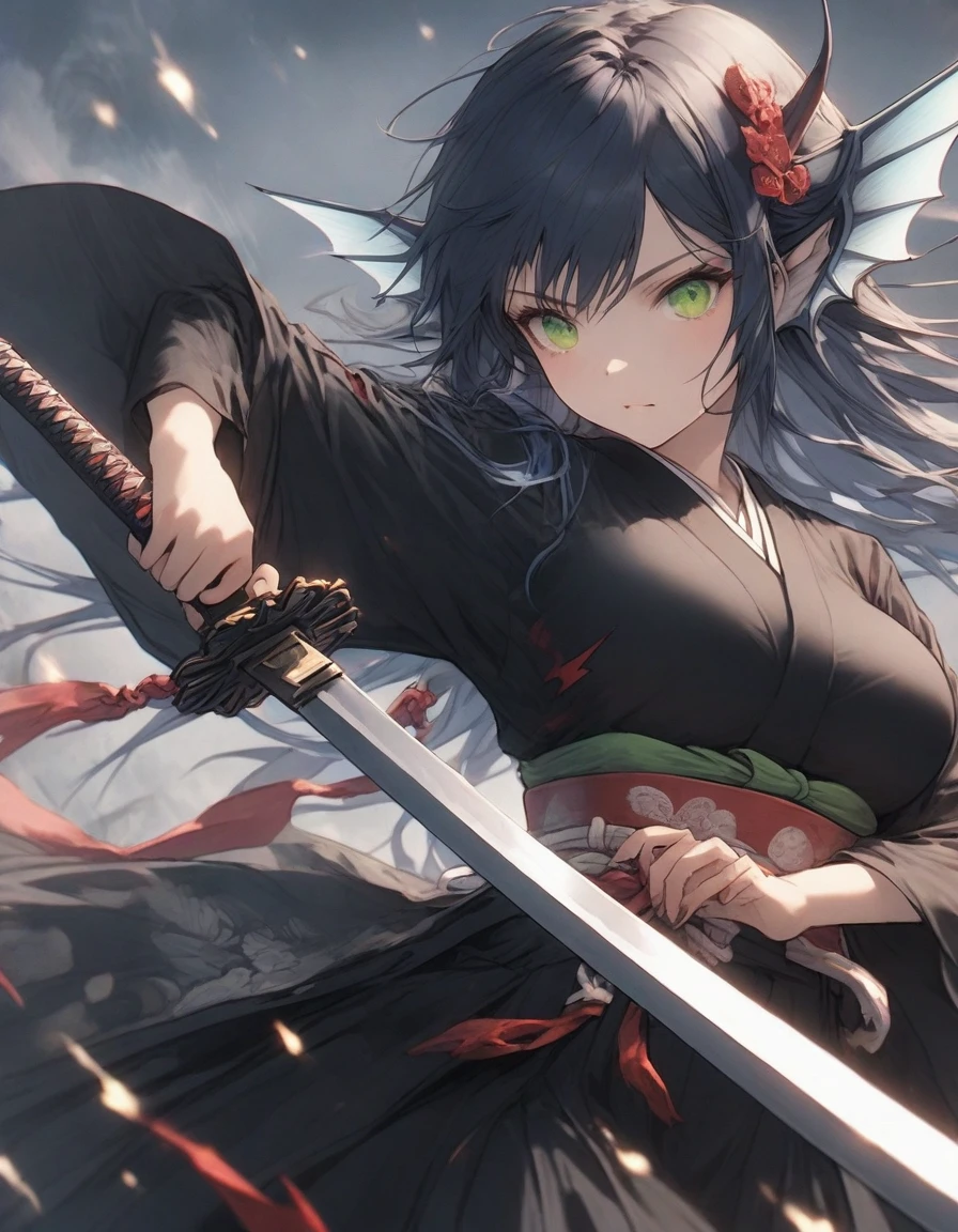 ,snap shot,red katana,fighting stance,(holding huge katana:1.3),,no pattern kimono,(black kimono:1.5),samurai,,,{{{Huge breasts}}},,,,,,long skirt, brooches,Blue brooch,,(dark Blue hair:1.25),gradient_hair,( Green eyes:1.25),hair_ornament detached ,,Very Long Ponytail, poneyTail,, (head fins:1.25),、stormy、lightning bolt,iaidow,weapon, katana, holding sword, ready to draw, sheathed, unsheathing, scabbard,