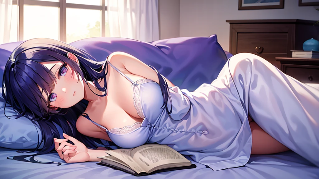 「In the quiet of the bedroom at night、A female character lies in bed、Reading a book。Outside the window, the full moon shines、The thin curtains are swaying softly。She is wearing relaxed pajamas、The room is lit in soft blue and purple tones.。A warm light is lit by the bedside、It creates a comfortable atmosphere。」