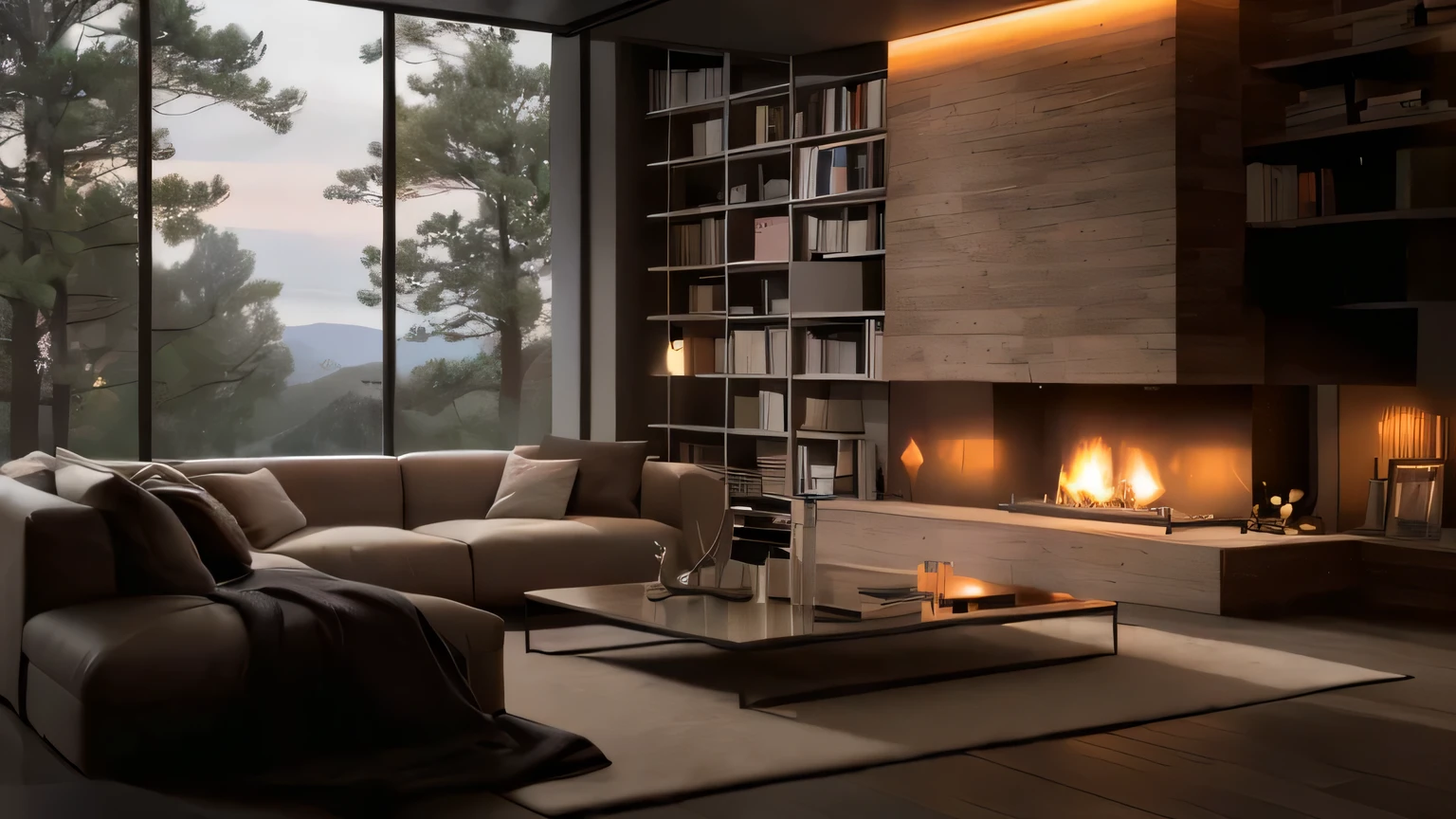 A fifty-something's living room with a sofa in front of a fireplace and bookshelf, Warm living room, Cozy contemporary living room, Cozy living room interior, Warm interior, Cozy living room, Cozy atmosphere, Cozy place, Warm interiors, Cozy living room background, Cozy environment, Cozy and serene atmosphere, Cozy and calm, Cozy fireplace, Cozy home background