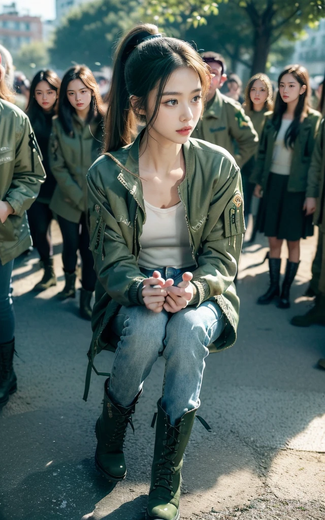((((8K))),((Extremely detailed CG)) ,(wallpaper),16K,((Extremely exquisite and beautiful)),(((masterpiece))),(((Best quality))),(((超high resolution))),Beautiful light,Perfect Lightning,Realistic shadows,((high resolution)),(Smooth and flawless fair skin:1.5),(Pale skin:1.3),(Extremely delicate facial details:1.2),(Perfect body:1.1),(Extremely detailed),((A beautiful girl,Solitary)),(Small head:1.2),(Short Ponytail:1.2),(Small face:1.2),(baby face:1.3),(Exquisite makeup:1.2),(Small Breasts:1.2),(flat chest:1.2),((Slim,Thin)),Happy,(lol:1.2),(green military jacket:1.5),((clavicle, cleveage, Umbilical cord)),(Light blue jeans:1.3),(Black combat boots:1.3),(Day scene:1.5),(Afternoon Sunshine:1.3),(outdoor:1.2),(At the school gate:1.3),(city View:1.3),(winter:1.2),(Detailed background:1.5),(permanent:1.3),(Upper Body:1.2),(From the front:1.3),(Surrounded by a crowd:1.5)