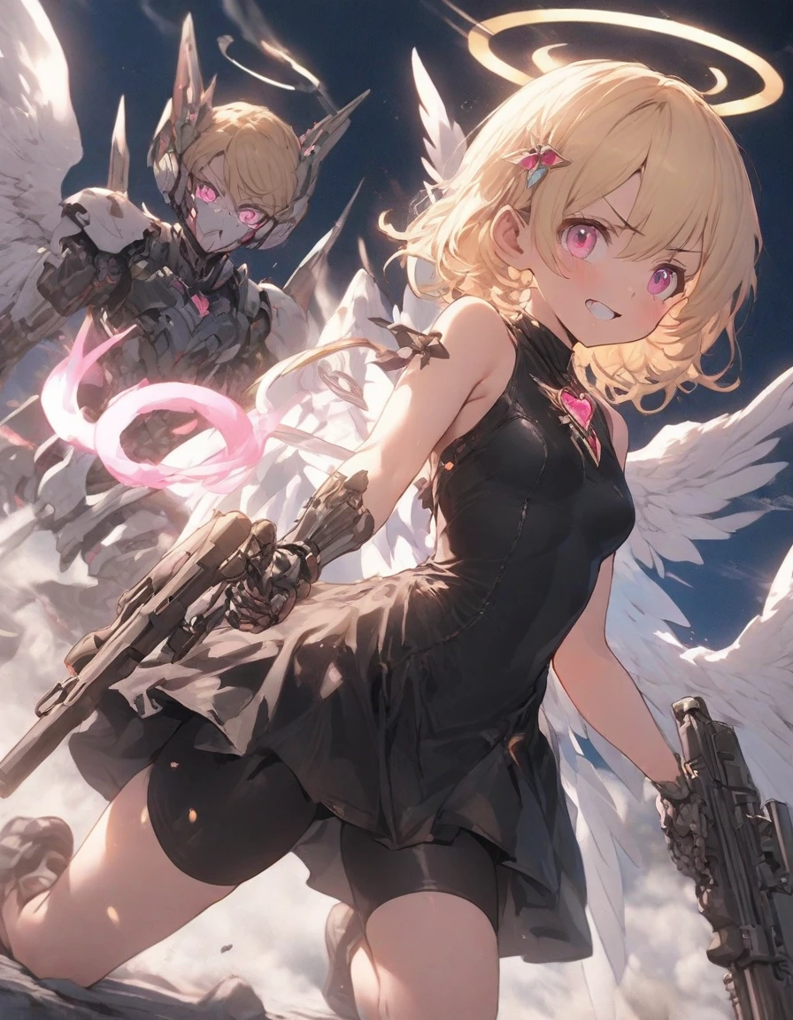 bike shorts,jet fire,(cyborg:1.3), mecha hand,machine wing,,smile,,armor boots,,,(head gear:1.25),,,halo,,,(black dress:1.3),(enamel costume:1.3),latex clothes,,,dynamic angle,,、,Inner thigh,halo,angel wing,,,boy,,annoyed,(tareme:1.3),,Cute,,(Wavy Hair:1.25),souljem,magic brooch,No bangs,(small breasts:1.25),(Short hair:1.3),,brooches,(Blonde hair:1.3), {{disheveled hair}},,,(slim:1.4),thin、,hair tube,whipped paws,,,,(pink eyes:1.1),,,(15years old:1.25),,, Gradient Hair,,,dynamic pose,,angel,fighting stance,an ethereal automaton girl,(kneeling:1.2),headgear,mechanical,(8k high resolution:1.2), Glowing pink eyes, Wearing a magical girl costume,(holding rifle:1.5),,black skirt,
