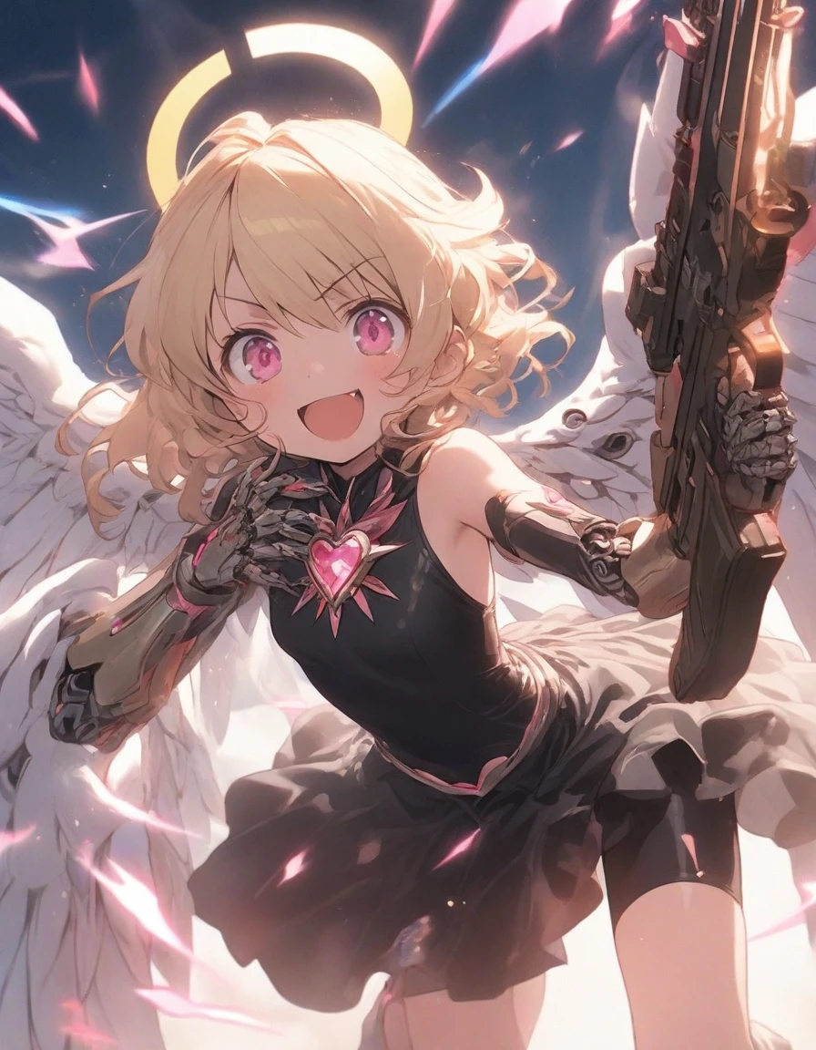 bike shorts,jet fire,(cyborg:1.3), mecha hand,machine wing,,smile,,armor boots,,,(head gear:1.25),,,halo,,,(black dress:1.3),(enamel costume:1.3),latex clothes,,,dynamic angle,,、,Inner thigh,halo,angel wing,,,boy,,annoyed,(tareme:1.3),,Cute,,(Wavy Hair:1.25),souljem,magic brooch,No bangs,(small breasts:1.25),(Short hair:1.3),,brooches,(Blonde hair:1.3), {{disheveled hair}},,,(slim:1.4),thin、,hair tube,whipped paws,,,,(pink eyes:1.1),,,(15years old:1.25),,, Gradient Hair,,,dynamic pose,,angel,fighting stance,an ethereal automaton girl,(kneeling:1.2),headgear,mechanical,(8k high resolution:1.2), Glowing pink eyes, Wearing a magical girl costume,(holding rifle:1.5),,black skirt,