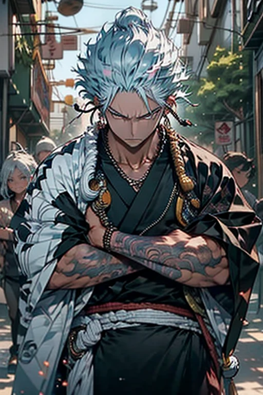 kurapika, HxH, Hunter x Hunter, standing alone, looking ahead at viewer, I smile, hair very long white hair, yellow eyes, red outlined, 1st grade, containment, jewelry, trunk, Missiles, male focus, earrings, Japanese clothing, White hair, kimono, segurando Missiles, from sideways, tatoo, em chamas, cicatriz, holding Elsword, katana, scar on the face, scar on eye, Detailed muscle physique, photorealistic representation, 4k resolution. Backstory: Martial arts dojo,Ultra HD 32K, best quality, master part, super verbose, High details, ((man strong)).