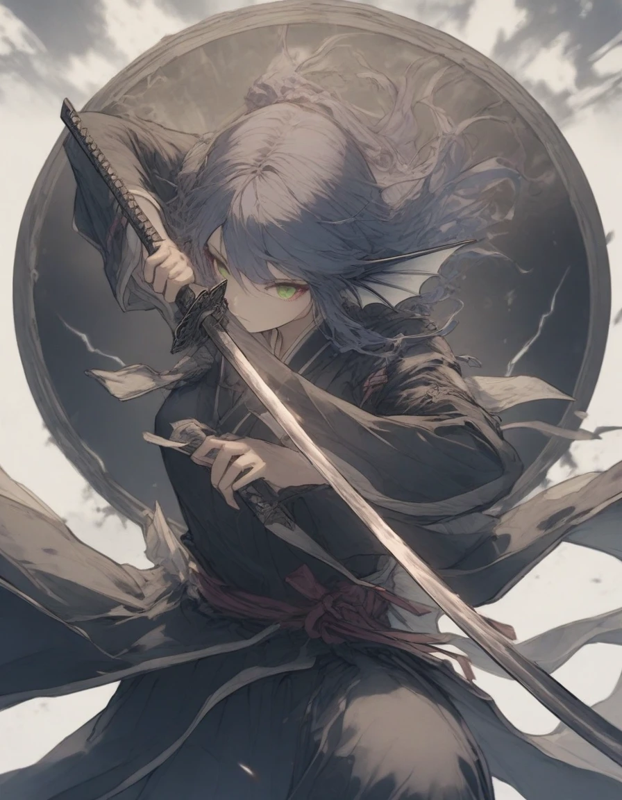 ,snap shot,red katana,fighting stance,(holding huge katana:1.3),,no pattern kimono,(black kimono:1.1),samurai,,,{{{Huge breasts}}},,,,,,long skirt, brooches,Blue brooch,,(dark Blue hair:1.25),gradient_hair,( Green eyes:1.25),hair_ornament detached ,,Very Long Ponytail, poneyTail,, (head fins:1.25),、stormy、lightning bolt,iaidow,weapon, katana, holding sword, ready to draw, sheathed, unsheathing, scabbard,