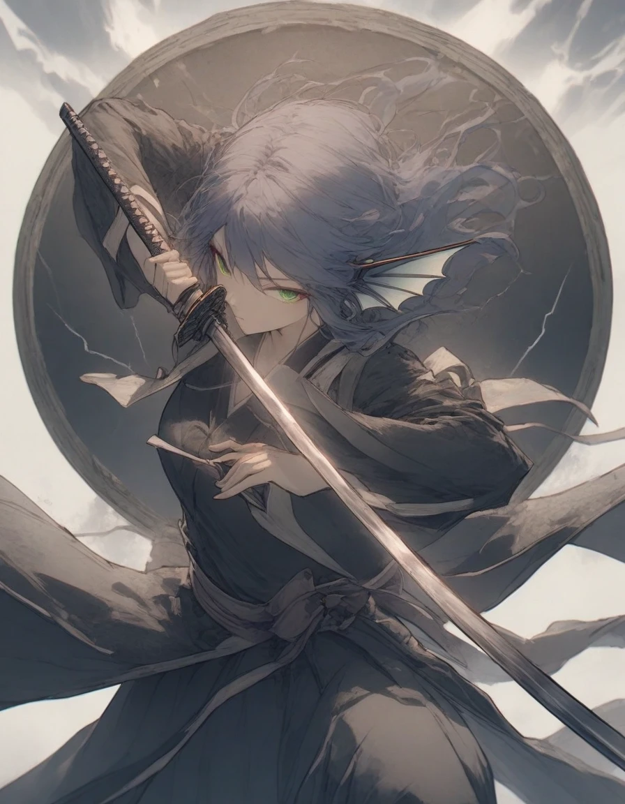 ,snap shot,red katana,fighting stance,(holding huge katana:1.3),,no pattern kimono,(black kimono:1.1),samurai,,,{{{Huge breasts}}},,,,,,long skirt, brooches,Blue brooch,,(dark Blue hair:1.25),gradient_hair,( Green eyes:1.25),hair_ornament detached ,,Very Long Ponytail, poneyTail,, (head fins:1.25),、stormy、lightning bolt,iaidow,weapon, katana, holding sword, ready to draw, sheathed, unsheathing, scabbard,