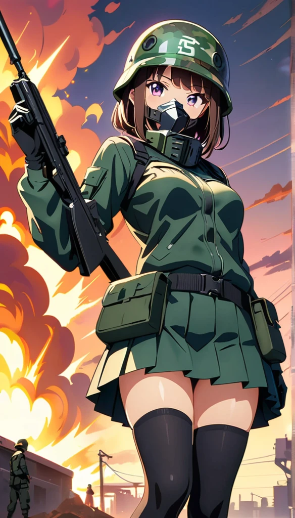 (anime artwork, anime style, studio anime, very detailed, up to date, vibrant, Anime Coloring, high contrast, masterpiece:1.2, best quality, best aesthetics),camouflage clothing,camouflage helmet, pleated skirt, Medium chest, A glimpse of thighs,random hair, One eye is hidden by the bangs, perfect proportions, high detail skin, Cute, detailed faces, random sexy pose, precise fingers,panty shot Girl shooting automatic rifle, (muzzle explodes:1.2), (looks into sight), finely drawn automatic rifle, bulletproof suit, (turn towards the viewer), syncs body orientation and gaze, battle, war,back angle,
