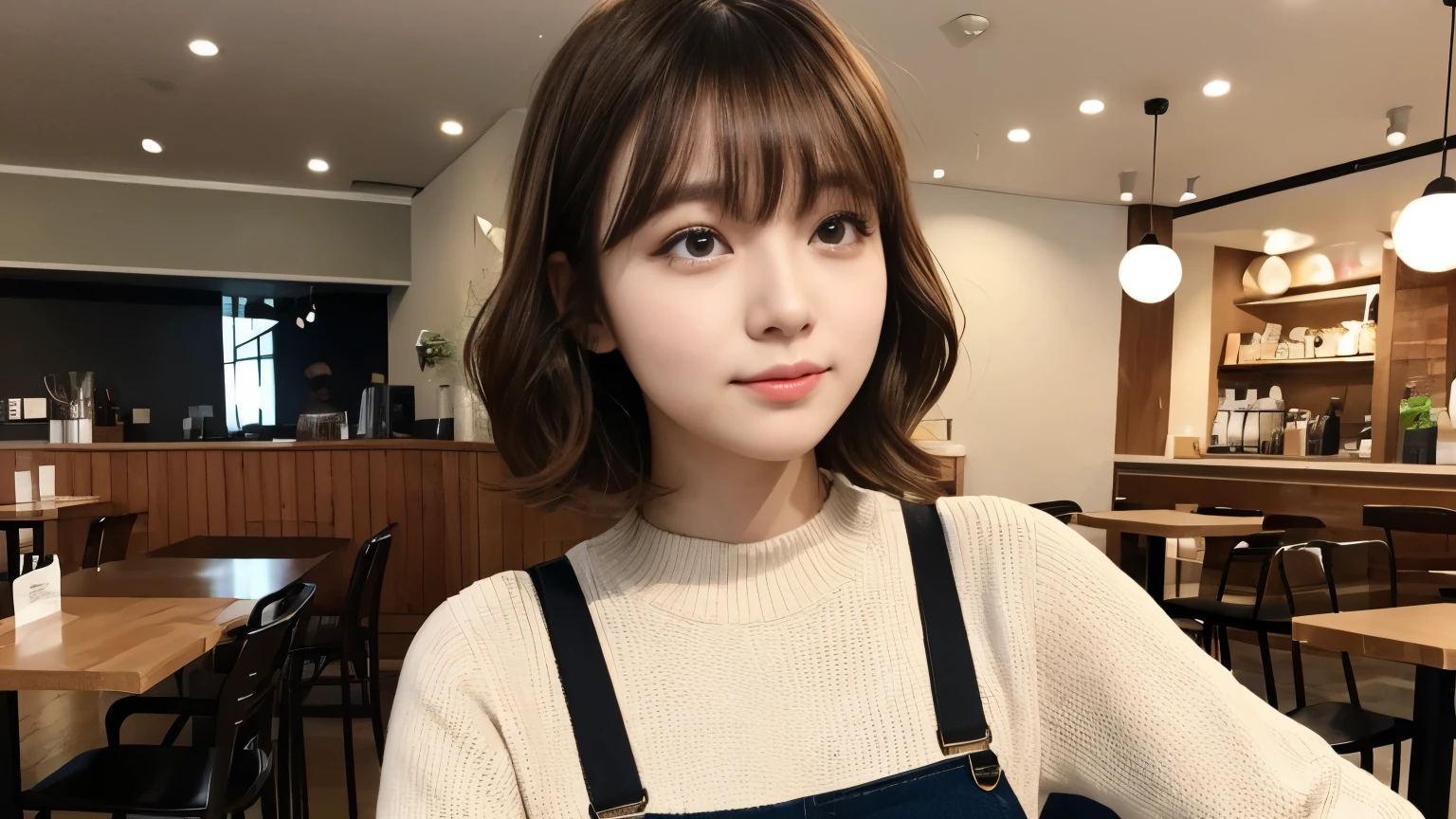masterpiece、Flat Color、Written boundary depth、Lens Flare 1 Girl、Brown Hair、Gazing at the audience、Black suspenders、Inside the cafe、Black trousers、Small face、Bangs that cover the eyes