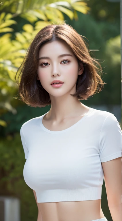 (Best quality, High resolution, Masterpiece :1.3), A pretty woman, Perfect figure beauty, Abs, Big breasts, (Dark brown short hair), White pale skin, Wearing white t-shirt, Confident look, Outdoor with evening ambient, Details exquisitely rendered in the face and skin texture, Eyes with detailed iris, Double eyelid