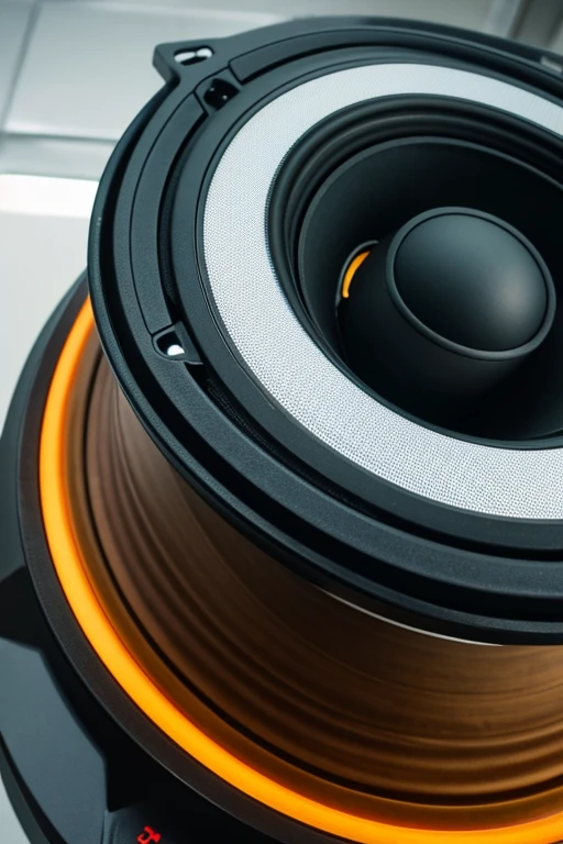 Close-up of a speaker emitting deep bass, people feeling the rhythm, 9:16 vertical.