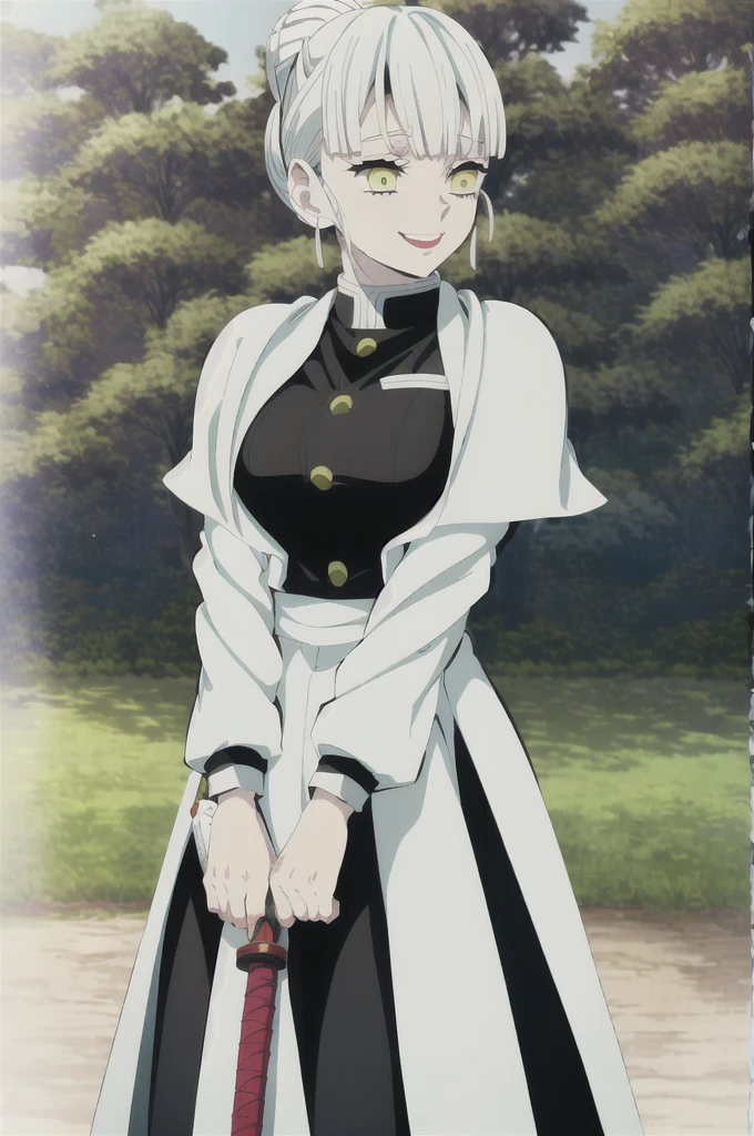 kimetsu no yaiba style, 1girl, white hair in a high bun, demon slayer uniform, solo, yellow eyes, holding a katana ,white hair, all black cape, all black haori, outdoors, bangs, tree,, anime coloring, ((masterpiece)) , daylight background , beautiful girl, cute, solo , smiling face , ((high quality)) ,
