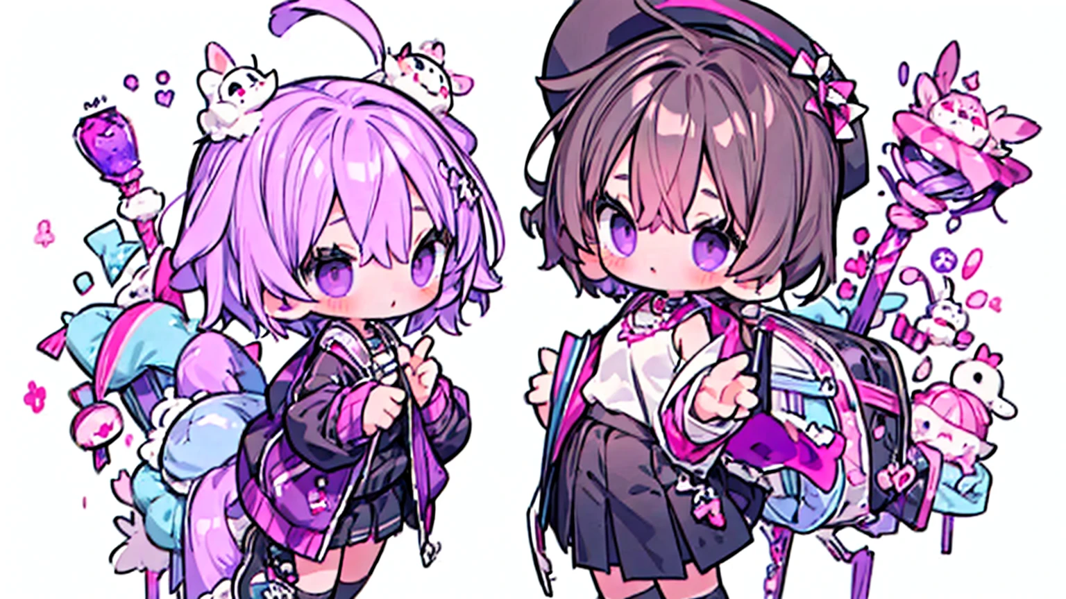 (Masterpiece,Highest quality),(Maximum details),2 girl(child,girl),purple short hair,black eyes,Wear a purple sweater,black skirt,full body image, กับ girl อยู่ ในชุดที่ต่างกัน,divided into two sides
