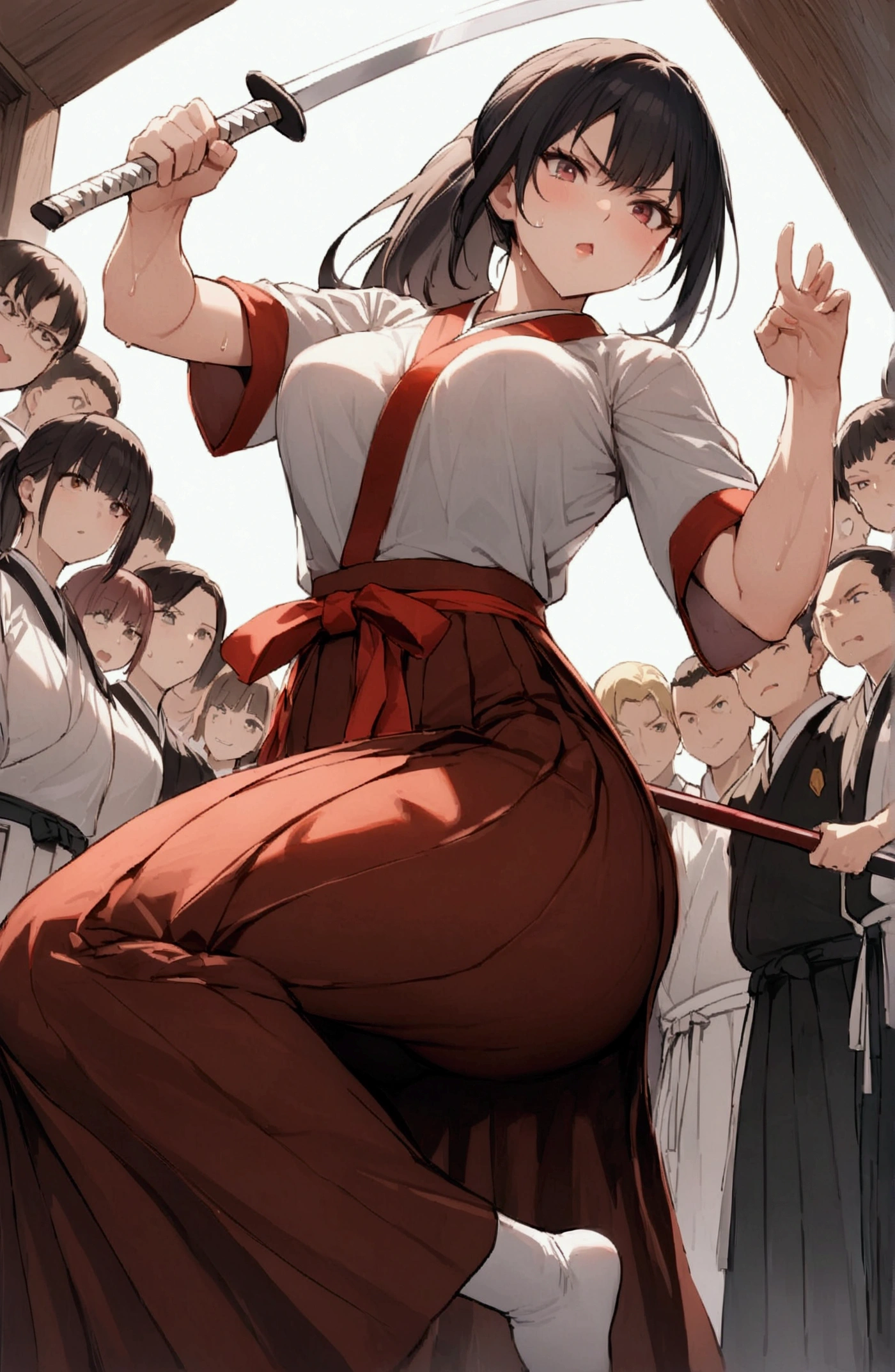 One woman、beautiful girl、high school girl、Hakama、ponytail、Big red ribbon、Long Hair、Budokan、Holding a naginata、Naginata stance、A packed audience、Highest quality, Thick thighs、Big Ass、Black Hair、Sweaty body、Rin々A funny expression、Serious face、Angle from directly below、tabi、Naginata swinging pose、Conqueror's Haki Aura、Dance of the Sword