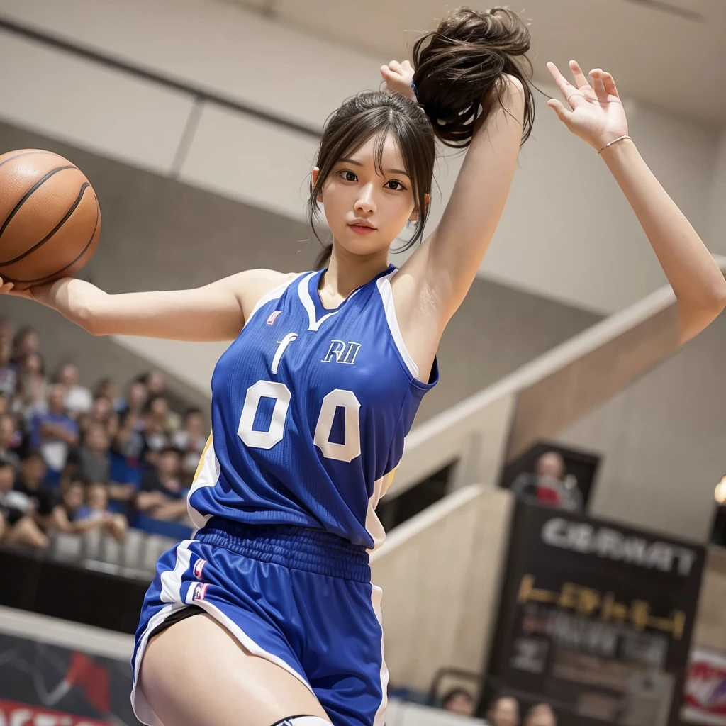 Sexy basketball player with hands up and showing armpits Bouncing breasts