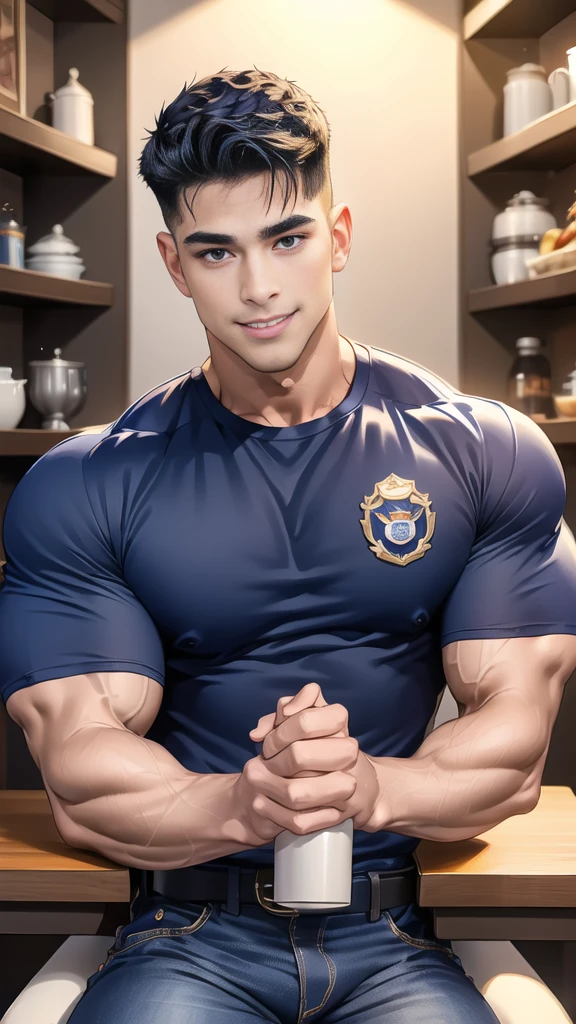 (Create a masterpiece:1.2),(CGI art:1.3),(realistic:1.5),(After processing:1.3),(Sharp focus:1.3),1 man black hair ,smile,(Wear color navy round neck T-shirt), (with a Police badge:1.3),Navy blue jeans,Korean guy,korean men,(High gloss details),chest muscles,large arm muscles,blood vessel,Big muscles,Broad shoulders,looking at the audience,Balancing the eyes,(Lind has a dining table:1.3),