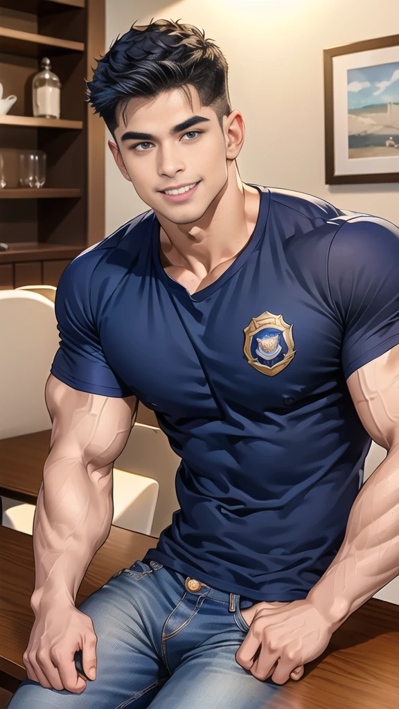 (Create a masterpiece:1.2),(CGI art:1.3),(realistic:1.5),(After processing:1.3),(Sharp focus:1.3),1 man black hair ,smile,(Wear color navy round neck T-shirt), (with a Police badge:1.3),Navy blue jeans,Korean guy,korean men,(High gloss details),chest muscles,large arm muscles,blood vessel,Big muscles,Broad shoulders,looking at the audience,Balancing the eyes,(Lind has a dining table:1.3),