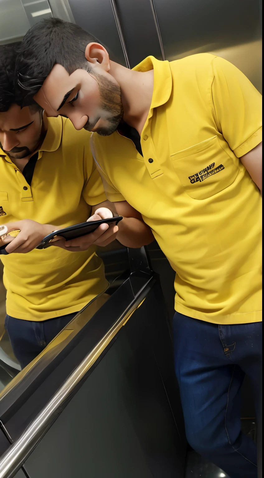 Man looking at the mirror in an elevator looking at his cell phone with an unexciting feeling.